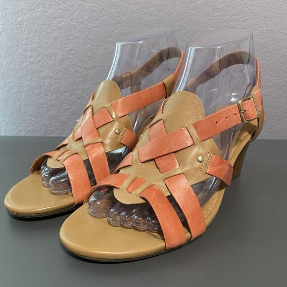 Clarks Artisan Two Toned Woven Leather Sandals Women’s 7.5 Block Heel Comfort - Picture 1 of 11